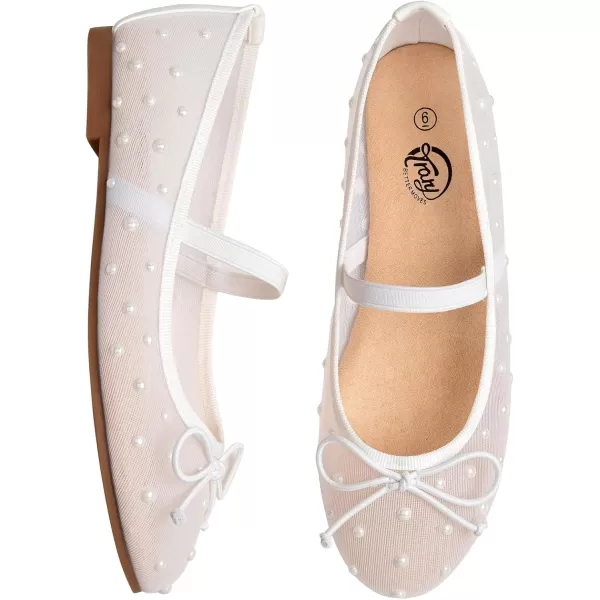 imageTrary Mesh Ballet Flats for Women Pearl Ballet Flats Shoes for Women Bow Mary Jane Shoes Women Rhinestone Flats for Women Comfy Dress Shoes for Women Wide Mary Janes Flats Mesh FlatsWhite