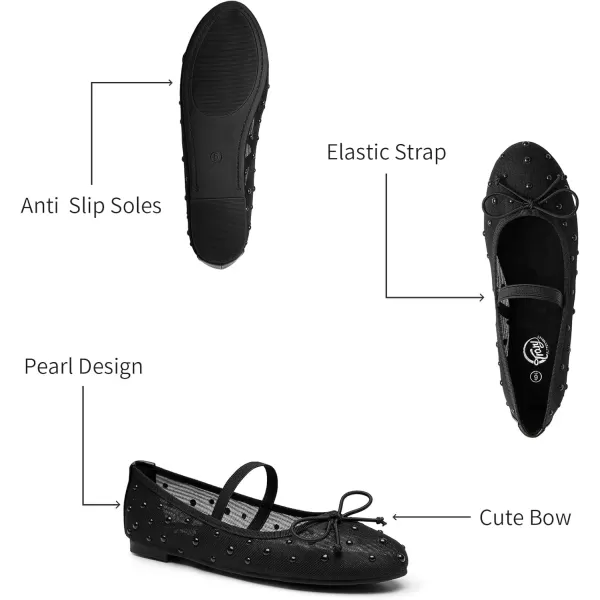 imageTrary Mesh Ballet Flats for Women Pearl Ballet Flats Shoes for Women Bow Mary Jane Shoes Women Rhinestone Flats for Women Comfy Dress Shoes for Women Wide Mary Janes Flats Mesh FlatsBlack