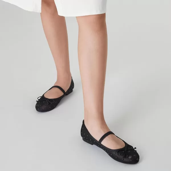 imageTrary Mesh Ballet Flats for Women Pearl Ballet Flats Shoes for Women Bow Mary Jane Shoes Women Rhinestone Flats for Women Comfy Dress Shoes for Women Wide Mary Janes Flats Mesh FlatsBlack