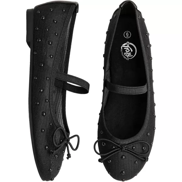 imageTrary Mesh Ballet Flats for Women Pearl Ballet Flats Shoes for Women Bow Mary Jane Shoes Women Rhinestone Flats for Women Comfy Dress Shoes for Women Wide Mary Janes Flats Mesh FlatsBlack