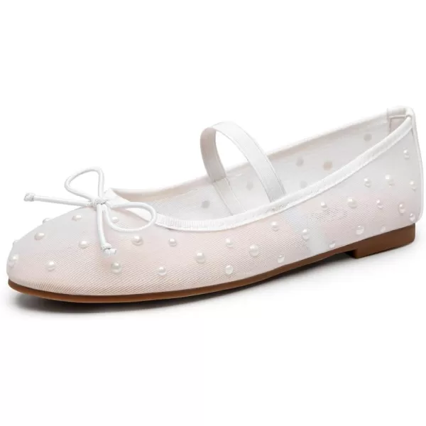 imageTrary Mesh Ballet Flats for Women Pearl Ballet Flats Shoes for Women Bow Mary Jane Shoes Women Rhinestone Flats for Women Comfy Dress Shoes for Women Wide Mary Janes Flats Mesh FlatsWhite