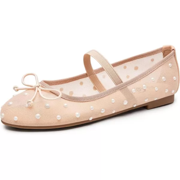 imageTrary Mesh Ballet Flats for Women Pearl Ballet Flats Shoes for Women Bow Mary Jane Shoes Women Rhinestone Flats for Women Comfy Dress Shoes for Women Wide Mary Janes Flats Mesh FlatsNude