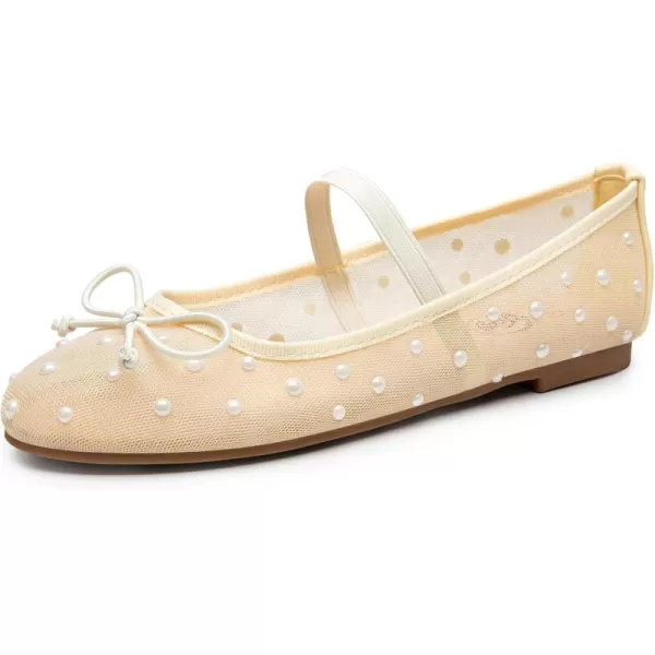 imageTrary Mesh Ballet Flats for Women Pearl Ballet Flats Shoes for Women Bow Mary Jane Shoes Women Rhinestone Flats for Women Comfy Dress Shoes for Women Wide Mary Janes Flats Mesh FlatsYellow