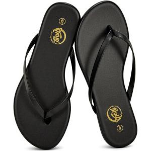 imageTrary Round Toe Memory Foam Sandals for Women Vegan Leather NonSlip Beach Pool Travel Flip Flops Comfortable Summer Casual Shoes with 5mm CushionBlack