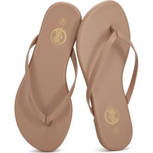imageTrary Round Toe Memory Foam Sandals for Women Vegan Leather NonSlip Beach Pool Travel Flip Flops Comfortable Summer Casual Shoes with 5mm CushionBrown
