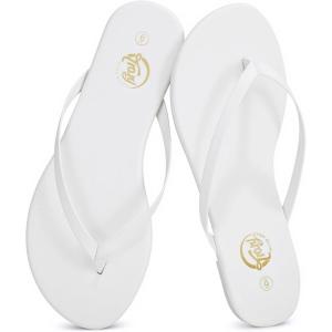 imageTrary Round Toe Memory Foam Sandals for Women Vegan Leather NonSlip Beach Pool Travel Flip Flops Comfortable Summer Casual Shoes with 5mm CushionWhite