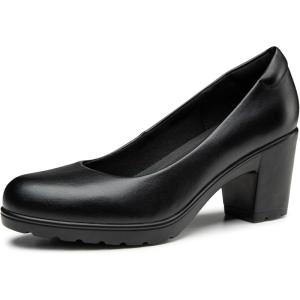 imageTrary Womens Chunky Low Block Heels Slip on PumpsComfortable Classic Closed Round Toe Work Dress Wedding Office Lady Pumps ShoesBlack
