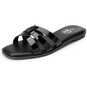 imageTrary Womens Flat Sandals Open Square Toe Slip on Slippers Casual Dressy Comfortable Soft Leather Summer Fashion Slide Sandals for Women Vacation Beach PartyBlack