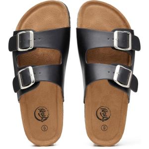 imageTrary Womens Sandals Cork Footbed Slide Sandals Comfortable Slip On Slides Summer Beach Flip Flops with Adjustable Buckle Casual Flat SandalsBlack