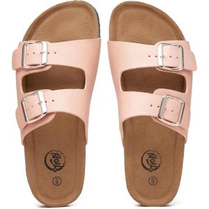 imageTrary Womens Sandals Cork Footbed Slide Sandals Comfortable Slip On Slides Summer Beach Flip Flops with Adjustable Buckle Casual Flat SandalsNudepink