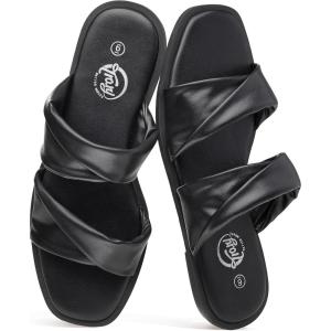 imageTrary Sandals WomenLeather Slides Women Comfortable Memory Foam Sandals for Women FootwearFashion Flat Summer Sandals for Women 2025Bblack