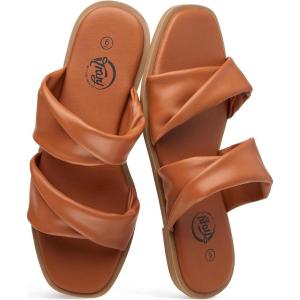 imageTrary Sandals WomenLeather Slides Women Comfortable Memory Foam Sandals for Women FootwearFashion Flat Summer Sandals for Women 2025Bbrown
