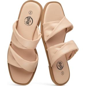 imageTrary Sandals WomenLeather Slides Women Comfortable Memory Foam Sandals for Women FootwearFashion Flat Summer Sandals for Women 2025Bnude