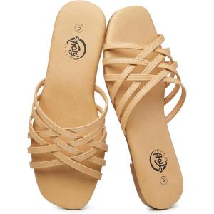 imageTrary Sandals WomenLeather Slides Women Comfortable Memory Foam Sandals for Women FootwearFashion Flat Summer Sandals for Women 2025Cnude