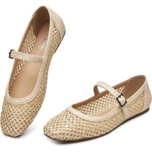 imageTrary Mary Jane Shoes Women Woven Flats for Women Dressy Ballet Flats Squared Toe Mesh Mary Jane Flats ShoesBeige Woven