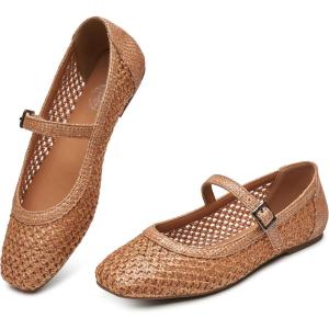 imageTrary Mary Jane Shoes Women Woven Flats for Women Dressy Ballet Flats Squared Toe Mesh Mary Jane Flats ShoesBrown Woven