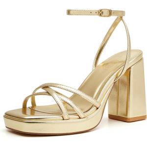 imageTrary Gold ampamp White Heels  Square Toe 3 inch Platform Strappy ampamp Block Heels for Wide Feet Ankle Strap Y2k Shoes for PromGold Pu