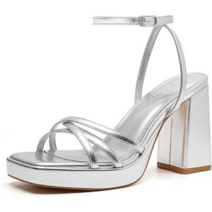 imageTrary Gold ampamp White Heels  Square Toe 3 inch Platform Strappy ampamp Block Heels for Wide Feet Ankle Strap Y2k Shoes for PromSilver Pu