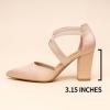 imageTrary Womens Low Heels Pumps Chunky Closed Pointed Toe Block Heels for Women Dress Shoes Elastic Crisscross Strappy 35 Inch Comfortable for Wedding Bridal PromNude