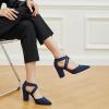 imageTrary Womens Low Heels Pumps Chunky Closed Pointed Toe Block Heels for Women Dress Shoes Elastic Crisscross Strappy 35 Inch Comfortable for Wedding Bridal PromNavy Blue