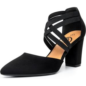 imageTrary Womens Low Heels Pumps Chunky Closed Pointed Toe Block Heels for Women Dress Shoes Elastic Crisscross Strappy 35 Inch Comfortable for Wedding Bridal PromBlack