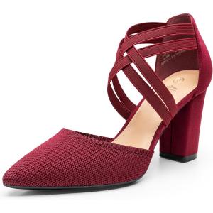 imageTrary Womens Low Heels Pumps Chunky Closed Pointed Toe Block Heels for Women Dress Shoes Elastic Crisscross Strappy 35 Inch Comfortable for Wedding Bridal PromWine Red