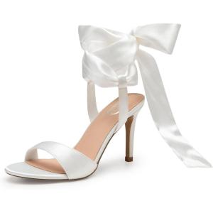 imageTrary Pink Purple Nude Red Black Heels for Women Lace Up Chunky Heels for Women Strappy Heels for Women Sandals High Platform Stripper Heels Comfortable Wide Width Tie Up Heels 3 Inch Open ToeWhite Silk
