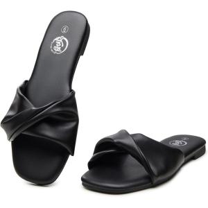 imageTrary Sandals WomenLeather Slides Women Comfortable Memory Foam Sandals for Women FootwearFashion Flat Summer Sandals for Women 2025Dblack