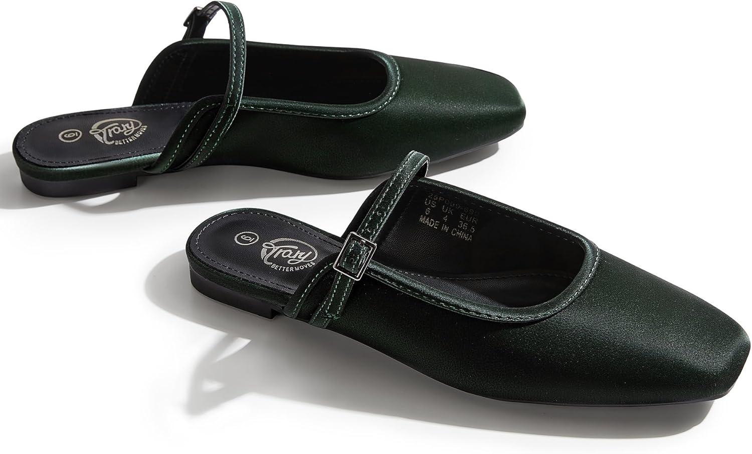 imageTrary Mules for Woman Mary Jane Flat Shoes Slip on Comfortable Backless Loafers Flats Square Toe Office Casual VintageDeep Forest Green