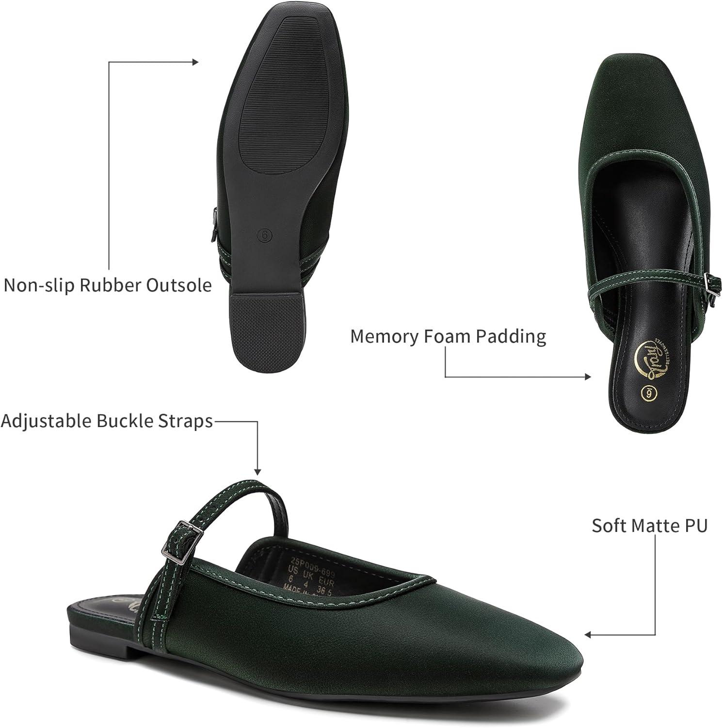 imageTrary Mules for Woman Mary Jane Flat Shoes Slip on Comfortable Backless Loafers Flats Square Toe Office Casual VintageDeep Forest Green
