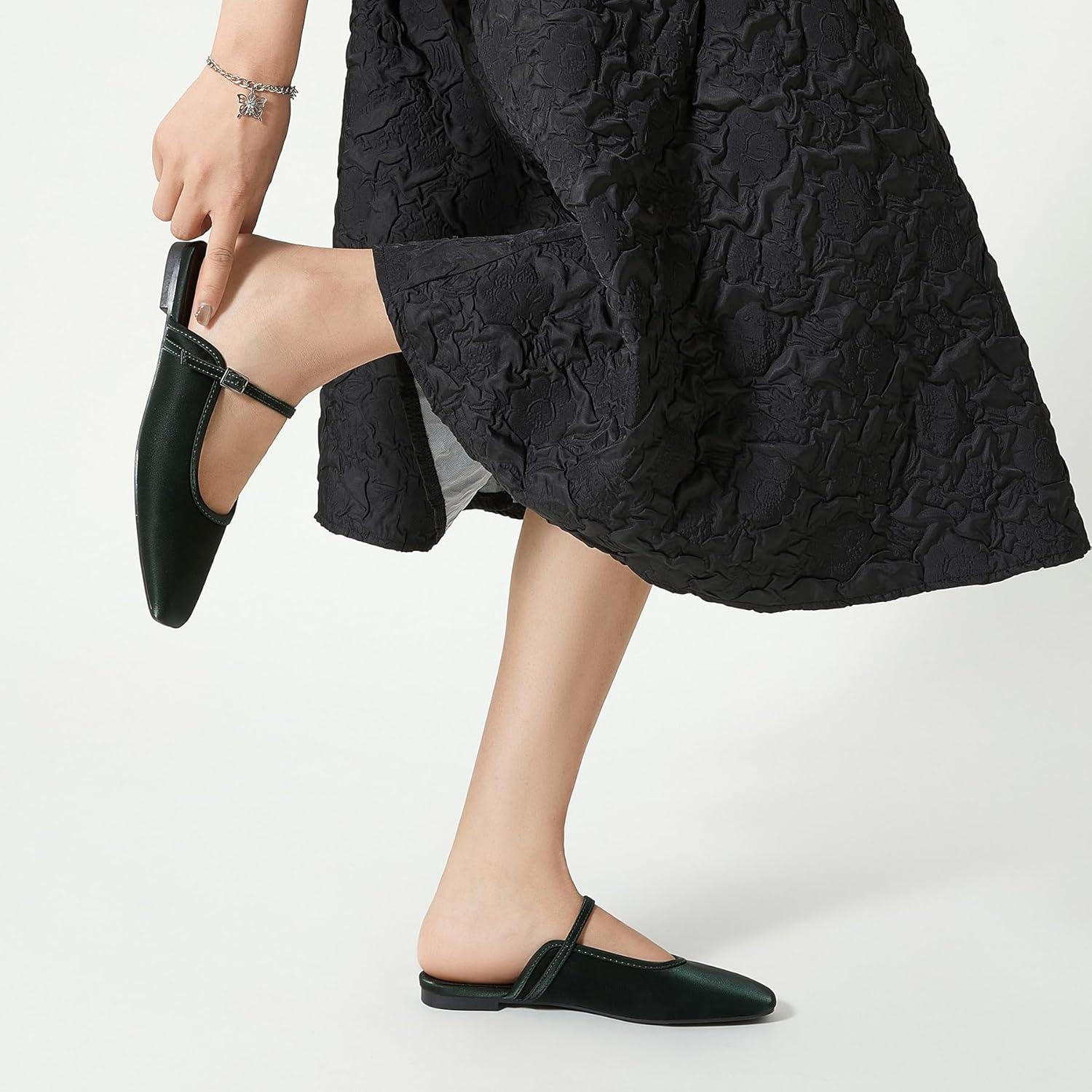imageTrary Mules for Woman Mary Jane Flat Shoes Slip on Comfortable Backless Loafers Flats Square Toe Office Casual VintageDeep Forest Green