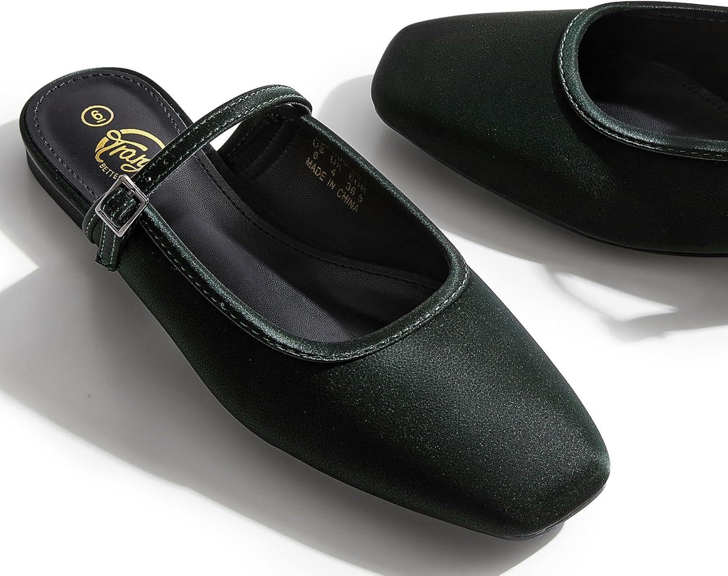 imageTrary Mules for Woman Mary Jane Flat Shoes Slip on Comfortable Backless Loafers Flats Square Toe Office Casual VintageDeep Forest Green