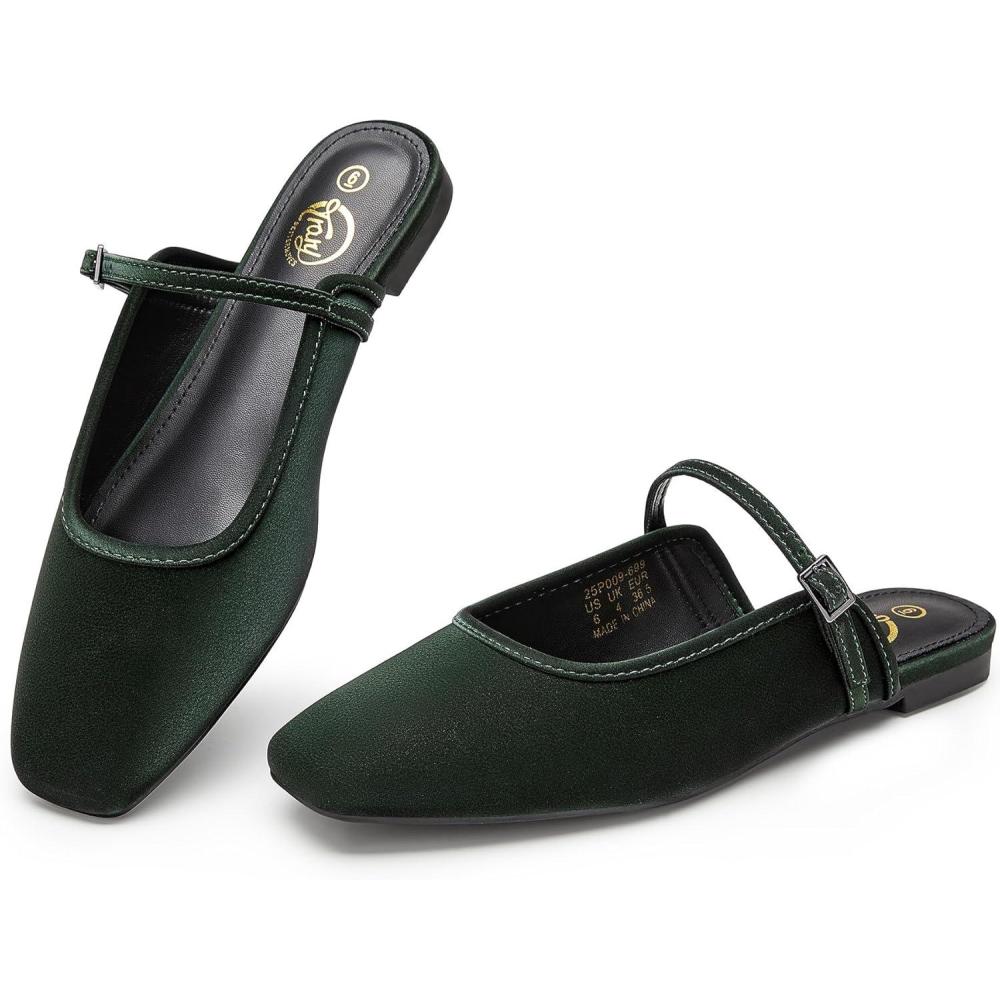 imageTrary Mules for Woman Mary Jane Flat Shoes Slip on Comfortable Backless Loafers Flats Square Toe Office Casual VintageDeep Forest Green