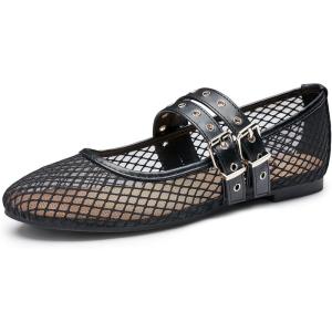 imageTrary Ballet Flats for WomenMesh Mary Jane ShoesDouble Buckle Strap Spring Summer Shoes Comfortable DressyBlack