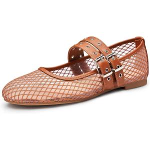 imageTrary Ballet Flats for WomenMesh Mary Jane ShoesDouble Buckle Strap Spring Summer Shoes Comfortable DressyBrown