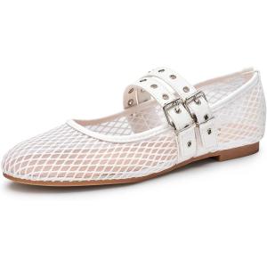 imageTrary Ballet Flats for WomenMesh Mary Jane ShoesDouble Buckle Strap Spring Summer Shoes Comfortable DressyWhite