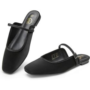 imageTrary Mules for Woman Mary Jane Flat Shoes Slip on Comfortable Backless Loafers Flats Square Toe Office Casual VintageBlack