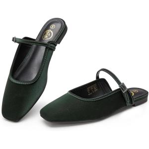 imageTrary Mules for Woman Mary Jane Flat Shoes Slip on Comfortable Backless Loafers Flats Square Toe Office Casual VintageDeep Forest Green