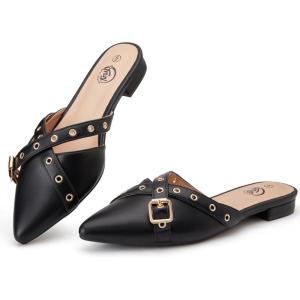 imageTrary Mules for WomenComfortable Pointed Toe FlatsBackless Loafers SlipOns Womens ClogsBusiness Casual Fall Winter Shoes Women DressyBlack
