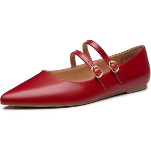 imageTrary Flats for Women Closed Pointed Toe Mary Jane Shoes Women Comfortable Slip on Ballet Flats Dressy Shoes Adjustable Strap PU Leather Mary Janes LoafersRed