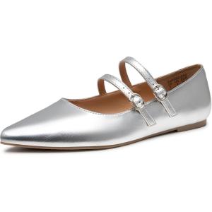 imageTrary Flats for Women Closed Pointed Toe Mary Jane Shoes Women Comfortable Slip on Ballet Flats Dressy Shoes Adjustable Strap PU Leather Mary Janes LoafersSilver