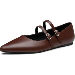 imageTrary Flats for Women Closed Pointed Toe Mary Jane Shoes Women Comfortable Slip on Ballet Flats Dressy Shoes Adjustable Strap PU Leather Mary Janes LoafersDark Brown