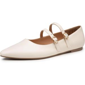 imageTrary Flats for Women Closed Pointed Toe Mary Jane Shoes Women Comfortable Slip on Ballet Flats Dressy Shoes Adjustable Strap PU Leather Mary Janes LoafersBeigewhite
