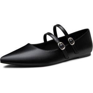 imageTrary Flats for Women Closed Pointed Toe Mary Jane Shoes Women Comfortable Slip on Ballet Flats Dressy Shoes Adjustable Strap PU Leather Mary Janes LoafersBlack