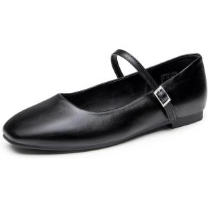 imageTrary Womens FlatsMary Jane Ballet Shoes for WomenSquare Toe Ankle Strap Flats for Women Comfortable Dress ShoesBlack