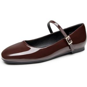 imageTrary Womens FlatsMary Jane Ballet Shoes for WomenSquare Toe Ankle Strap Flats for Women Comfortable Dress ShoesCoffee