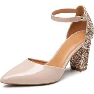 imageTrary Womens Pointed Toe PumpsAnkle Strap Buckle Closed Toe Chunky Block Heel PumpsDress Office Wedding Party Shoes for WomenNude
