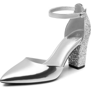 imageTrary Womens Pointed Toe PumpsAnkle Strap Buckle Closed Toe Chunky Block Heel PumpsDress Office Wedding Party Shoes for WomenSliver