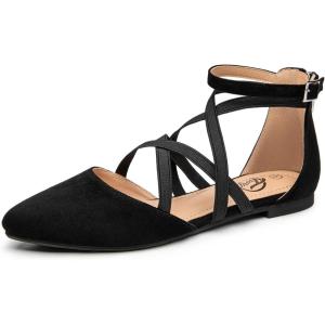imageTrary Flats for Women Mary Jane Shoes Women Ballet Flats with Elastic Ankle Straps Comfortable Pointed Toe Dress Shoes for Office or Casual WearBlack