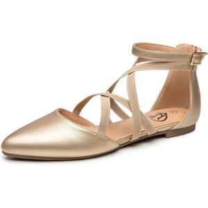 imageTrary Flats for Women Mary Jane Shoes Women Ballet Flats with Elastic Ankle Straps Comfortable Pointed Toe Dress Shoes for Office or Casual WearGold